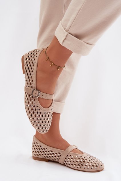 Dámske baleríny s krajkovým vzorem s kamínky a s remienkom bežowe wilvessa / 9780 KHAKI (Veľkosť 37)