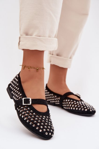 Dámske baleríny s krajkovým vzorem s kamínky a remienkom čierne wilvessa / 9780 BLACK (Veľkosť 36)