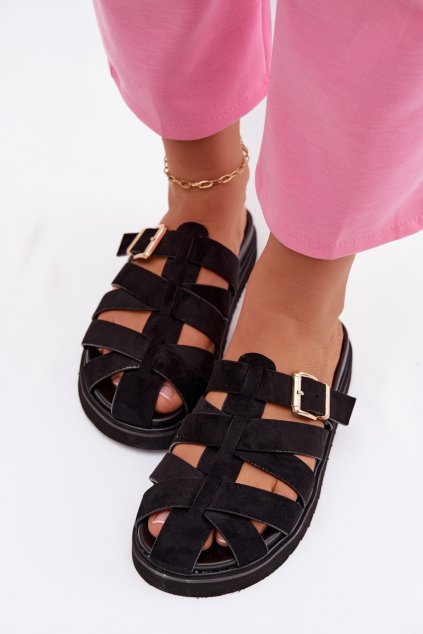 Dámske papuče s pásky a zlatým sponou čierne roselisse / MAN0383 BLACK (Veľkosť 36)