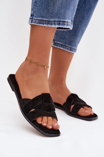 Dámske ploché Sandále s pásky z eko semišu čierne florane / CD381 BLACK (Veľkosť 36)