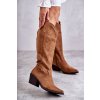 Hnedé dámske semišové kovbojské čižmy na stĺpovom podpätku s prízipom, kód produktu D7933 KHAKI