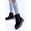 Čierne dámske členkové topánky na šnúrovanie s ovčím kožúškom a plochou podrážkou SD3732-1 BLACK