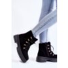 Čierne dámske členkové topánky na šnúrovanie s ovčím kožúškom a plochou podrážkou SD3732-1 BLACK
