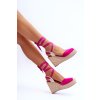 Ružové dámske sandále na platforme a klinovom podpätku s jutovým zdobením, viazanie na členku, kód produktu QQ-116 FUSHIA