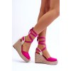 Ružové dámske sandále na platforme a klinovom podpätku s jutovým zdobením, viazanie na členku, kód produktu QQ-116 FUSHIA
