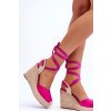 Ružové dámske sandále na platforme a klinovom podpätku s jutovým zdobením, viazanie na členku, kód produktu QQ-116 FUSHIA