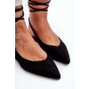 Čierne dámske balerínky z eko semišu s viazaním okolo členka, rovná podrážka, kód produktu 4075 BLACK