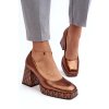 Hnedé dámske kožené lodičky na stĺpovom podpätku, kód produktu 2599/819-821