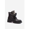 Čierne dámske členkové topánky na rovnej podrážke s ozdobami z eko kože, kód produktu HJ3050 BLACK