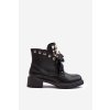 Čierne dámske členkové topánky na rovnej podrážke s ozdobami z eko kože, kód produktu HJ3050 BLACK