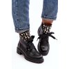 Čierne dámske členkové topánky na rovnej podrážke s ozdobami z eko kože, kód produktu HJ3050 BLACK