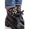 Čierne dámske členkové topánky na rovnej podrážke s ozdobami z eko kože, kód produktu HJ3050 BLACK