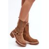 Hnedé dámske členkové topánky s eko zamatovej špičky na plochej podrážke, zateplené, kód produktu 22BT35-5087 CAMEL