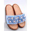 Dámske modré šľapky z eko kože s kvetinovým vzorom a kamienkami, kód produktu 929