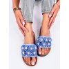Dámske modré šľapky z eko kože s kvetinovým vzorom a kamienkami, kód produktu 929