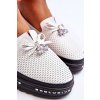 Biele dámske kožené tenisky na platforme s mašľou a kryštálmi, kód produktu AL22401D WHITE