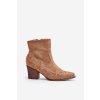 Hnedé dámske členkové topánky typu kovbojky z eko semišu na stĺpovom podpätku, kód produktu C-181 CAMEL