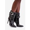 Ozdobené botky z lakované eko kůže na jehlovém podpatku černé (Veľkosť 37)