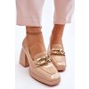 Dámske béžové lodičky s retiazkou na platforme a vysokom kvádrovom podpätku, kód produktu 23-20185 BEŻOWY