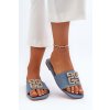 Dámske modré textilné šľapky na rovnej podrážke s trblietkami, kód produktu SS-243 BLUE