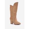 Kozačky nad kolena na podpatku z z eko semišue béžové Clorira (Veľkosť 37)