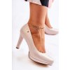 Dámske béžové lodičky na stĺpovom podpätku s mandľovou špičkou, kód produktu 1438 BEŻ PERŁA
