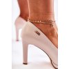 Dámske béžové lodičky na stĺpovom podpätku s mandľovou špičkou, kód produktu 1438 BEŻ PERŁA