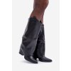 Dámske čierne členkové čižmy z ekokože s vysokým 9 cm stĺpovitém podpätkom a slip-on zapínaním, kód produktu RQ505 BLACK