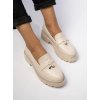 Dámske béžové mokasíny z eko kože na bežný deň s okrúhlou špičkou a strapcami, kód produktu 100-369
