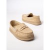 Dámske béžové mokasíny z ekologického semišu na bežný deň s okrúhlou špičkou a ručným prešívaním, kód MD1047-7