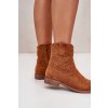 Hnedé dámske členkové topánky z eko semišu na nízkom podpätku, HY42-135 CAMEL
