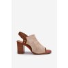 Dámske béžové sandále z eko semišu na stĺpovom podpätku, kód 24SD35-7184 BEIGE