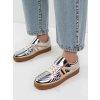 Dámske strieborné mokasíny z ekokože a látky, športový štýl, LT33-26