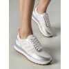 Biele dámske mokasíny z textílie s metalickými striebornými akcentmi, kód 24029