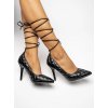 Dámske čierne pikované mokasíny z ekošky s viazaním okolo členku, elegantné, večerné, špičaté, kód produktu 2F2D271-02