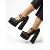 Dámske čierne saténové lodičky na členku, elegantný štýl, hranatá špička, kód produktu G856