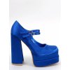 Dámske modré saténové lodičky na členku s rovnou podrážkou, kód produktu G856