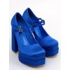 Dámske modré saténové lodičky na členku s rovnou podrážkou, kód produktu G856
