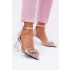 Béžové dámske lodičky s mašľou na stĺpovom podpätku, kód produktu 62212 BEŻOWY