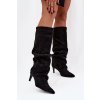 Zmačkané čižmy na ihlovom podpätku z ekzem z velúruu zateplené čierne mavella / CLS-607 BLACK (Veľkosť 37)