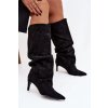 Zmačkané čižmy na ihlovom podpätku z ekzem z velúruu zateplené čierne mavella / CLS-607 BLACK (Veľkosť 37)