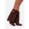 Zateplené dámské kozačky na podpatku s ozdobným páskem čokoládové Luvielle (Veľkosť 39)