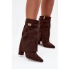 Zateplené dámské kozačky na podpatku s ozdobným páskem čokoládové Luvielle (Veľkosť 39)