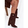 Zateplené dámské kozačky na podpatku s ozdobným páskem čokoládové Luvielle (Veľkosť 39)