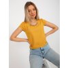 Dámska tmavo-žltá formálna blúzka s 3/4 rukávmi, bavlna, polyester, elastan, kód LK-BZ-505783-1.42P (Veľkosť 36, Farba Tmavo-žltá)