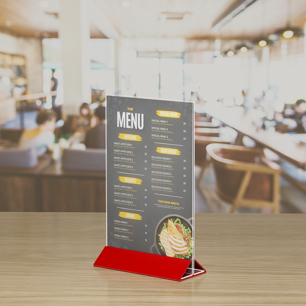 Plexi stojany na menu s farebnými podstavcami pre vašu reštauraciu