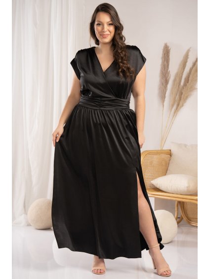 Exkluzívne dlhé saténové šaty s rozparkom na svadbu pre moletky Laura čierne