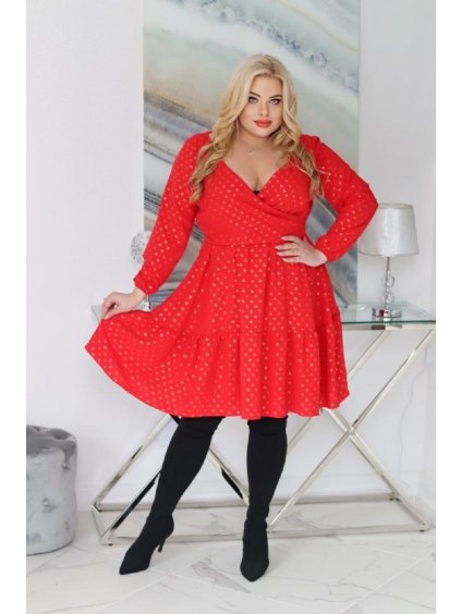 Krátke bodkované viskózové šaty pre moletky Doris červené