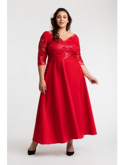 Dlhé spoločenské čipkované šaty s rozparkom pre moletky Violet červené