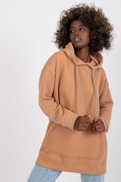 Rebrovaná mikina s predným vreckom a kapucňou camel (Velikost L/XL)